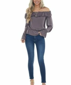 NAKED ZEBRA Dark Mocha Off Shoulder Long Sleeve Blouse Tops