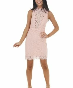 Main Strip Peach Sleeveless Lace Dress With Sheer Details