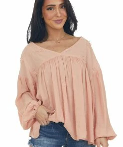 Ces Femme Peach V Neck Top With Floral Embroidery And Swiss Dots