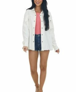 Davi & Dani Off White Fraying Button Down Shacket