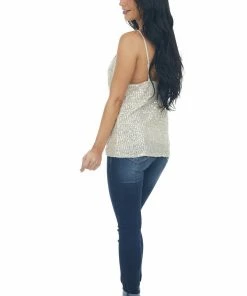 Main Strip Champagne Sequin Sleeveless Cowl Neck Tank