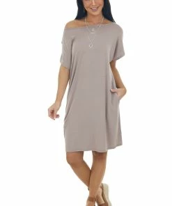 Vanilla Bay Mocha Knit Mini Tee Shirt Dress With Pockets