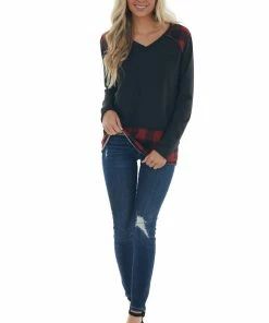 Vanilla Bay Black Raw Edge Knit Top With Plaid Contrast