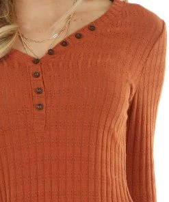 Ces Femme Rust Long Sleeve Ribbed Knit Top With Button Detail
