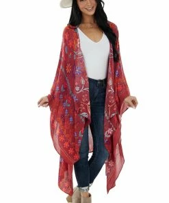 Easel Tops Marsala And Fire Colorful Floral Print Kimono