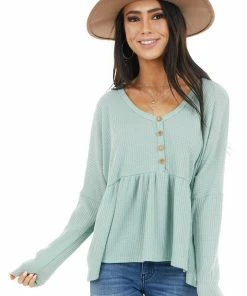 Style Melody Seafoam Henley Oversized Long Sleeve Babydoll Knit Top Tops