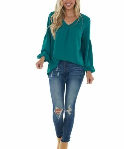 Jodifl Pine Drop Shoulder Bubble Sleeve Woven Top