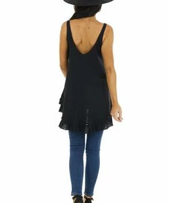ANGIE Heathered Black Knit Tank Top With Ruffle And Lace Details