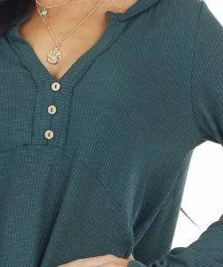 Peach Love Tops Hunter Green Notch Neck Babydoll Knit Top With Button Detail