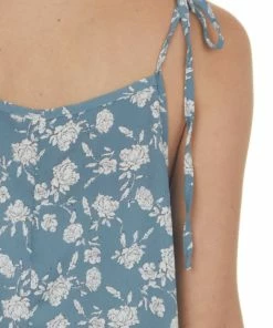 Ces Femme Dusty Slate Floral Print Sleeveless Short Ruffled Dress