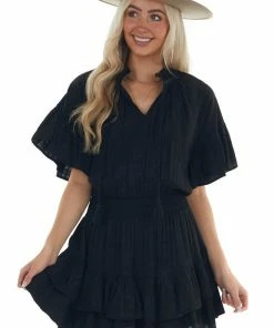 Entro Black Linen Ruffle Dress With Notch Neckline