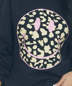 Sweet Claire Black Leopard Smiley Face Graphic Sweater Top