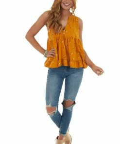 Ces Femme Tops Mango Leaf Print Babydoll Notch Neck Knit Tank