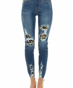 Judy Blue Bottoms Dark Wash High Rise Ripped Skinny Jeans With Leopard Detail