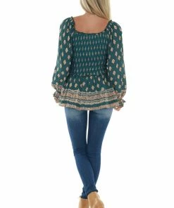 Nostalgia Pine Green Printed Off Shoulder Smocked Blouse