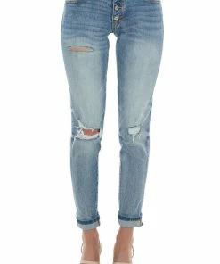 KanCan Medium Wash Jeans With Distressed Details And Ankle Cuffs Bottoms