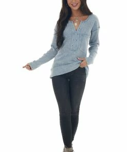 BiBi Baby Blue Washed Thermal Knit Chest Pocket Top