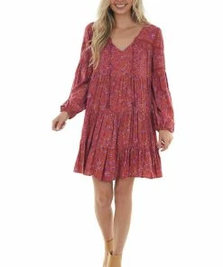 Easel Rust Floral Print Mini Dress With Long Sleeves Dresses