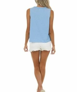 Peach Love Heathered Cornflower Stretchy Knit Tank Top With Raw Hemline Tops