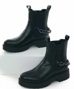 Intouch Footwear Black Faux Leather Lug Boots With Chain Detail Shoes
