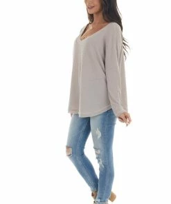 Sweet Lovely Light Taupe Raw Edge V Neck Waffle Knit Top Tops