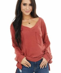 White Birch Tops Rust Long Sleeve Waffle Knit Top With Pocket And Side Slits