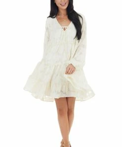Peach Love Cream Textured Print Tiered Babydoll Dress With Long Sleeves Dresses