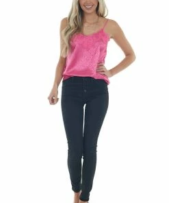 Vine & Love Tops Mulberry Leopard Print Frayed Lace Neckline Camisole Blouse