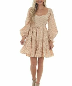 FSL APPAREL Dresses Cream And Rust Long Peasant Sleeve Dress