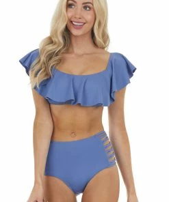Envya Accessories Dusty Blue Off Shoulder Bikini Set With Strappy Details