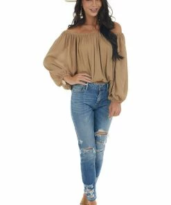 La Miel Tops Peanut Off Shoulder Long Bubble Sleeve Top