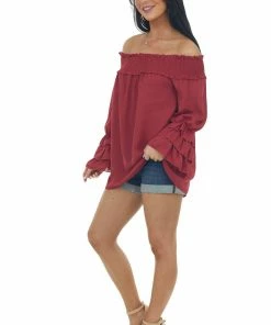 Vine & Love Maroon Off Shoulder Tiered Bell Sleeve Blouse Tops