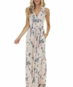 Sweet Lovely Blush Floral Sleeveless Surplice Maxi Dress With Pockets