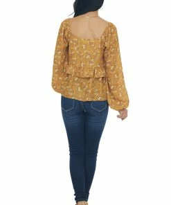 Peach Love Marigold Floral Print Bubble Sleeve Blouse 33 Peach Love Marigold Floral Print Bubble Sleeve Blouse