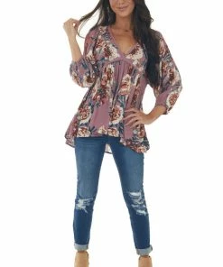Umgee Pale Berry Floral Long Sleeve Babydoll Blouse Tops 27 Umgee Pale Berry Floral Long Sleeve Babydoll Blouse Tops