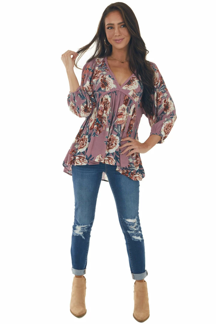 Umgee Pale Berry Floral Long Sleeve Babydoll Blouse Tops 14 Umgee Pale Berry Floral Long Sleeve Babydoll Blouse Tops