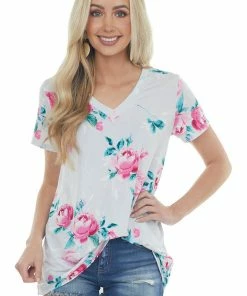HEIMISH Tops Lunar Grey Floral Print Short Sleeve Top With V Neckline