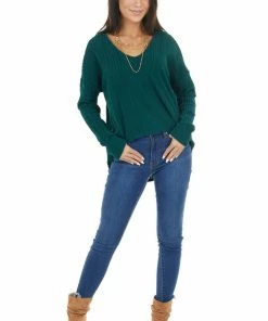 143 Story Dark Pine Long Sleeve Wide Neck Knit Top With Ribbed Detail Tops
