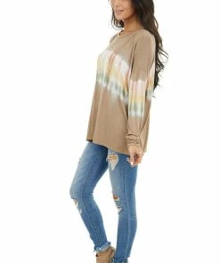FSL APPAREL Walnut And Ivory Long Sleeve Top With Tie Dye Detail Tops