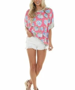 Fantastic Fawn Watermelon Floral Print Short Sleeve Knit Top