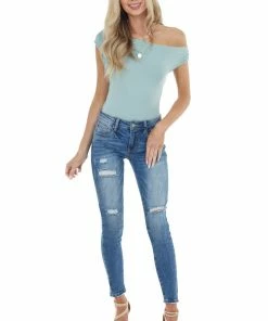 SANS SOUCI Tops Sage Sleeveless Off Shoulder Top With Draped Neckline