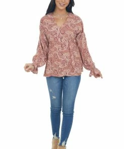 Andree Tops Terracotta Printed Puff Sleeve Babydoll Blouse