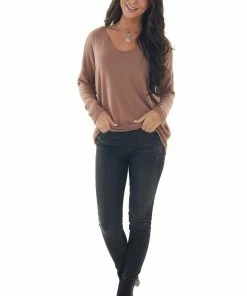 143 Story Chestnut Drop Shoulder Soft Brushed Knit Top Tops