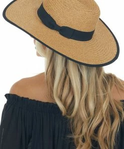 Fame Accessories Brown Sugar Straw Woven Flat Brim Hat With Bow