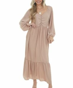 Haptics Light Rose Taupe Ruched Long Sleeve Maxi Dress Dresses