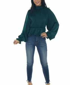 Peach Love Pine Satin Mock Neck Puff Sleeve Peplum Top
