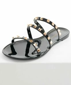 CCOCCI Black Triple Strap Gold Studded Jelly Sandals