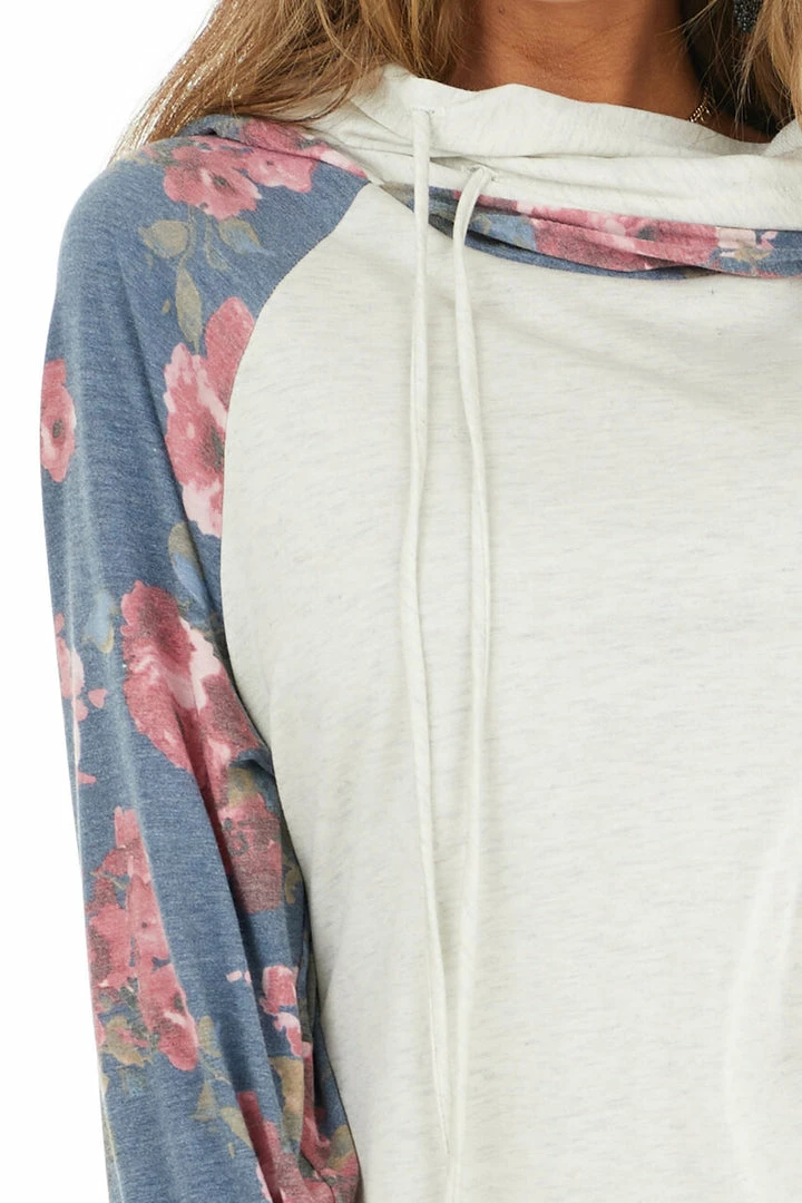 12PM Tops Cream And Dusty Cornflower Floral Hoodie With Drawstrings 10 12PM Tops Cream And Dusty Cornflower Floral Hoodie With Drawstrings