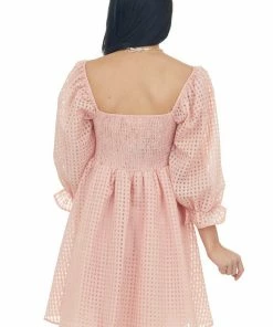 Entro Dresses Peach Sheer Checkered Pattern Short Dress