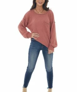 BiBi Hazy Coral Loose Waffle Knit Chest Pocket Top 29 BiBi Hazy Coral Loose Waffle Knit Chest Pocket Top